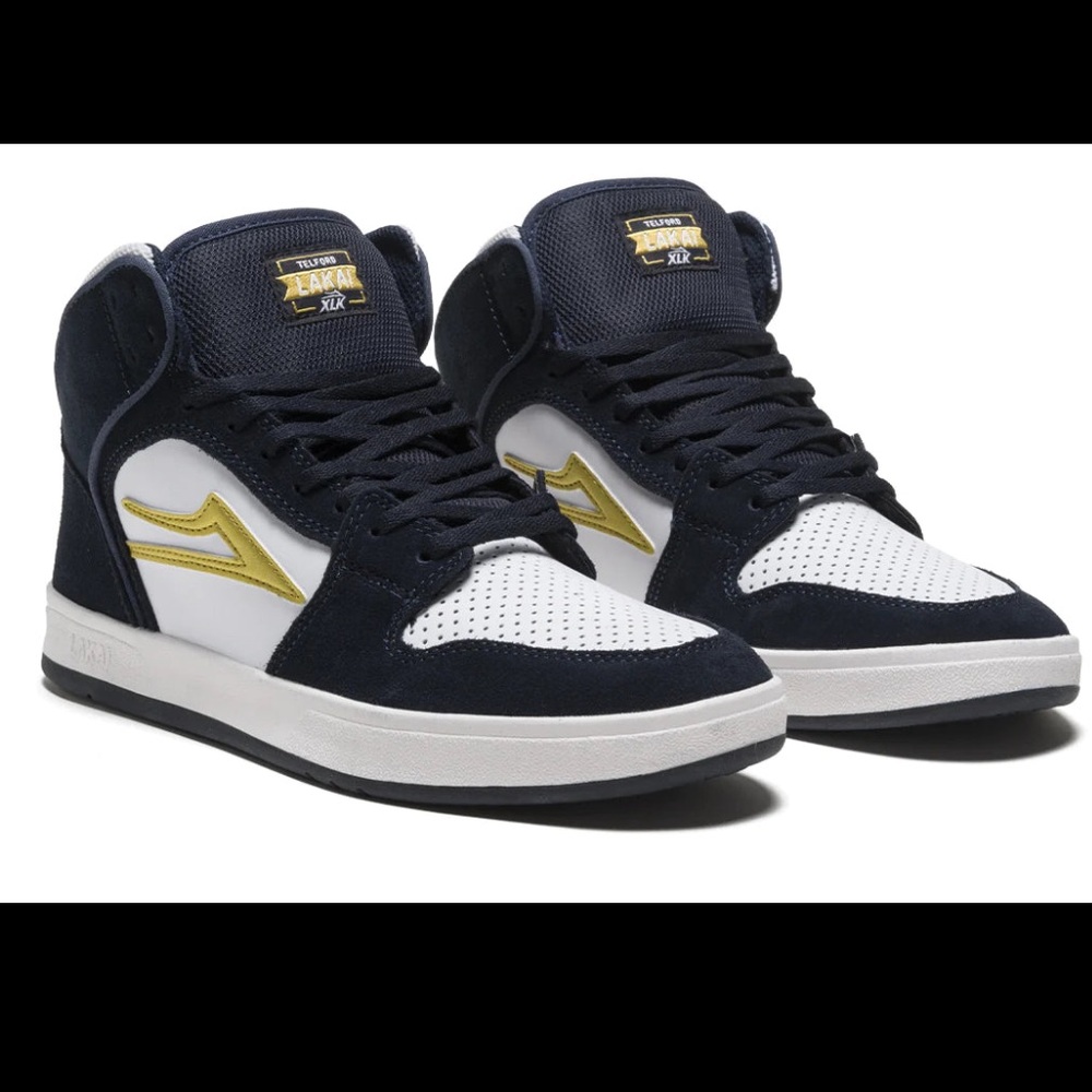 NWOT/NWOB Lakai Telford Hi Tops XLK - Navy/White/Gold Suede 6.5 Men/8 Women